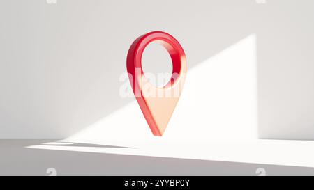 Posizione dei tag geografici rossi ruotare nel rendering 3d dell'ombra del fascio solare della stanza vuota Foto Stock