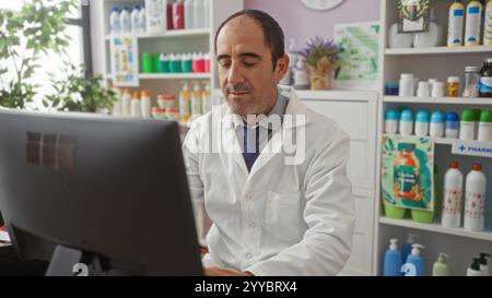 Uomo ispanico di mezza età che lavora su un computer in una farmacia, circondato da vari prodotti medici e una pianta, indossa un camice bianco e blu ti Foto Stock