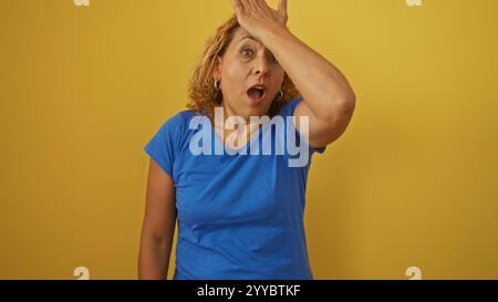 Una donna ispanica di mezza età con capelli ricci e un'espressione sorpreso tocca la fronte con incredulità, isolata su uno sfondo giallo. Foto Stock