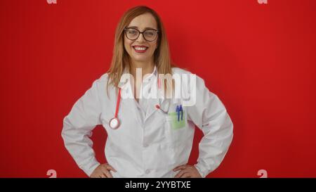 Medico donna con capelli biondi che sorride con sicurezza contro una parete rossa isolata che indossa un cappotto bianco e uno stetoscopio Foto Stock