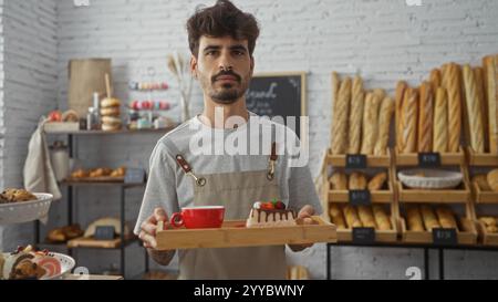 Bel giovane ispanico con una barba che regge un vassoio di legno con dessert e caffè in un negozio interno di panetteria pieno di pane e dolci Foto Stock