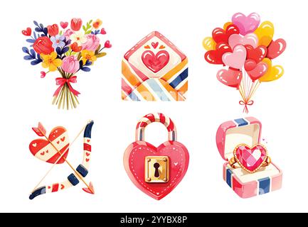 Clipart di San Valentino, oggetti acquerelli Illustrazione Vettoriale