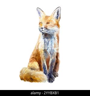 Red Fox seduta. Illustrazione ad acquerello disegnata a mano di animali della foresta isolati su bianco. Per cartoline, libri, poster, protezione della natura e della fauna selvatica Foto Stock