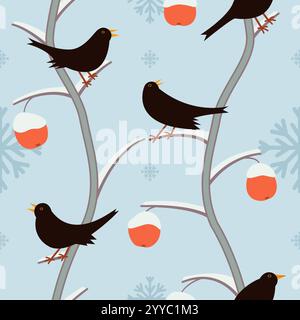 Blackbird su un melo con mele rosse coperte di neve e fiocchi di neve sullo sfondo. Motivo senza cuciture. Design delle superfici, illustrazione invernale alla moda. Foto Stock