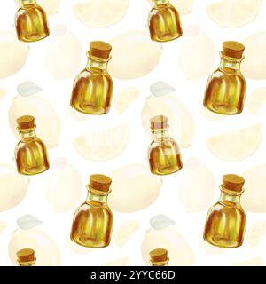 Una bottiglia di olio di avocado. Motivo avocado acquerello. Motivo senza cuciture con una bottiglia di olio su fondo di limone. Design per il confezionamento di alimenti. Foto Stock
