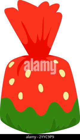Caramelle avvolte in rosso con puntini gialli e parte inferiore verde, simile a una fragola, isolata su sfondo bianco, perfetta per progetti correlati a. Illustrazione Vettoriale