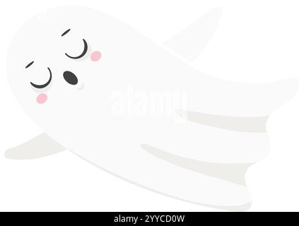 Illustrazione a cartoni animati di un fantasma simpatico e amichevole che galleggia con gli occhi chiusi, sbadigliando e guance arrossate, ideale per progetti a tema Halloween Illustrazione Vettoriale