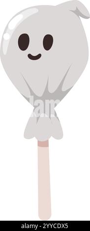 Sorridente lecca-lecca a forma di fantasma, avvolto in plastica e montato su un bastoncino, perfetto per decorare una festa di halloween con un tocco di dolcezza Illustrazione Vettoriale