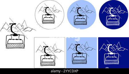 Logo della linea grafica degli impianti di risalita, stazione sciistica Vector, sport invernali, sci, snowboard, località di montagna, impianti di risalita, piste innevate, vacanza invernale, sci Illustrazione Vettoriale