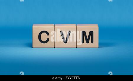 Parola di Customer Value Management composta sui cubi di legno.primo piano di elementi in legno,Business Concept.rendering 3D su sfondo blu. Foto Stock