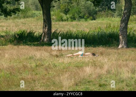 Giovane donna che prende il sole in un campo erboso all'ombra degli alberi il giorno d'estate. Riposo e relax nella stagione estiva. Concetto di stile di vita naturale Foto Stock