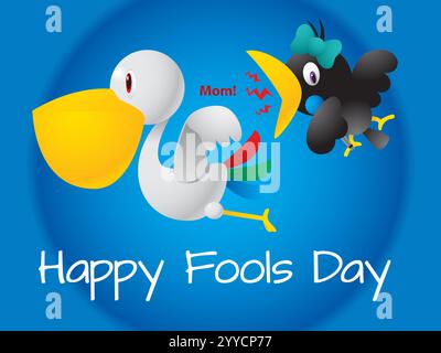 Cartone animato di un uccello con un arco blu sulla testa e un uccello con un becco giallo. Giocosa April Fools Day Humour felicità Joy Bizzarre Event Clip Art Illustrazione Vettoriale