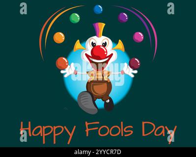 Il clown giocherà le palle e le parole Happy Fools Day sono scritte sotto di lui. L'immagine ha un'atmosfera divertente e spensierata. Divertente umorismo del giorno dell'April Fools Illustrazione Vettoriale