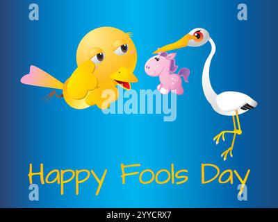 Cartone animato di un uccello, un'anatra e un pony con le parole Happy Fools Day scritte di seguito. Giocosa April Fools Day Humour felicità Joy Bizzarre Event Clip Art Illustrazione Vettoriale