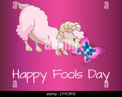 Sfondo rosa con una pecora rosa e una farfalla rosa. Le parole "Happy Fools Day" sono scritte sotto l'immagine. Giocosa aprile Fools Day Humour Happin Illustrazione Vettoriale