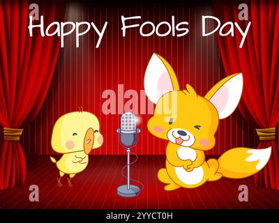 Cartone animato di un'anatra e una volpe su un palco con microfono. L'anatra sta cantando e la volpe sta tenendo un microfono. Giocoso April Fools Day Humour Happ Illustrazione Vettoriale