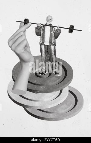 Immagine collage verticale dei colori bianco nero mano aiutare nonno mini sollevamento Barbell isolato su sfondo creativo Foto Stock