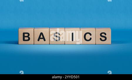 Firma con le NOZIONI DI BASE del testo. Il contenuto della scritta ha implicazioni per e marketing. Business concept.rendering 3D su sfondo blu. Foto Stock
