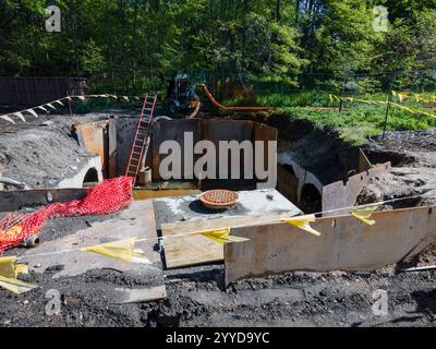 23 aprile 2023. Una fotografia aerea delle inondazioni al FDR Park causate dal Poor Flood Plain Managent e dalla bonifica dei prati. Foto di Chris Baker Evens. Foto Stock