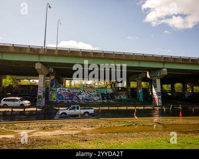 23 aprile 2023. Una fotografia aerea delle inondazioni al FDR Park causate dal Poor Flood Plain Managent e dalla bonifica dei prati. Foto di Chris Baker Evens. Foto Stock