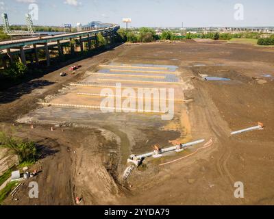 23 aprile 2023. Una fotografia aerea delle inondazioni al FDR Park causate dal Poor Flood Plain Managent e dalla bonifica dei prati. Foto di Chris Baker Evens. Foto Stock