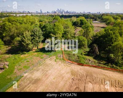 23 aprile 2023. Una fotografia aerea delle inondazioni al FDR Park causate dal Poor Flood Plain Managent e dalla bonifica dei prati. Foto di Chris Baker Evens. Foto Stock