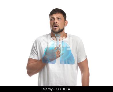 Uomo con asma che soffre di difficoltà respiratorie su sfondo bianco. Illustrazione dei polmoni Foto Stock