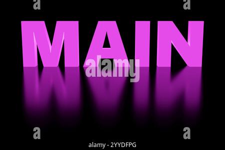 Elegante iscrizione viola principale su podio nero, luce soffusa, sfondo liscio, illustrazione di rendering 3d. Foto Stock