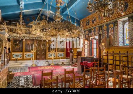 Interno del monastero di Kathara sull'isola di Itaca, Cefalonia, Mar Ionio, Grecia. Foto Stock