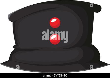 Semplice illustrazione a cartone animato di un berretto nero con due pulsanti rotondi rossi che rappresentano le insegne di rango, isolato su sfondo bianco Illustrazione Vettoriale