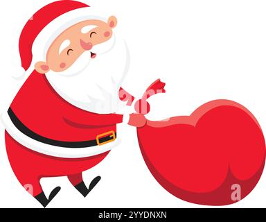 Babbo Natale, sorridente e gioioso, cammina su uno sfondo bianco mentre porta con sé una grande e pesante borsa piena di regali di Natale, incarna la festa Illustrazione Vettoriale