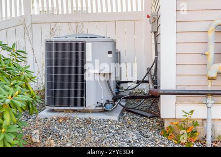 Unità esterna del sistema HVAC in prossimità di una recinzione in legno nel cortile di casa Foto Stock