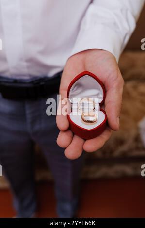 Eleganti anelli nuziali in una scatola di velluto rossa tenuta da un guardaroba. Foto Stock