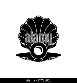 La silhouette nera di un guscio aperto con perle. logo piatto. illustrazione Illustrazione Vettoriale