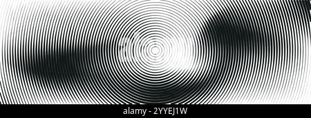 Sfondo sfumatura cerchio astratto e motivo linea. Effetto a spirale con sabbia e texture spray in bianco e nero. Illustrazione vettoriale piatta isolata Illustrazione Vettoriale