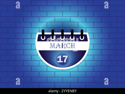 Il 17 marzo, insegna del calendario su sfondo blu in mattoni al neon. Design piatto. Data, giorno e mese. Illustrazione vettoriale. Illustrazione Vettoriale