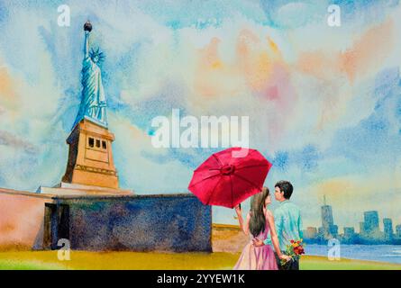 Coppia turistica alla Statua della libertà con sfondo al World Trade Center di New York e amante uomo, donna con ombrello rosso. Acquerello landsc Foto Stock