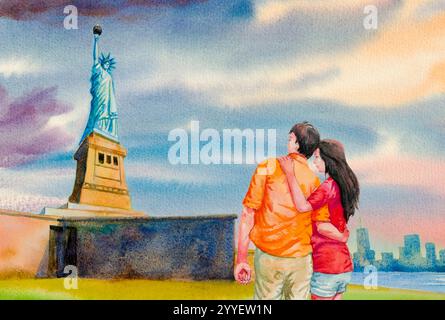 Coppia turistica alla Statua della libertà con sfondo al World Trade Center di New York City, coppia di uomini e donne abbracciano. Pittura di paesaggio ad acquerello Foto Stock