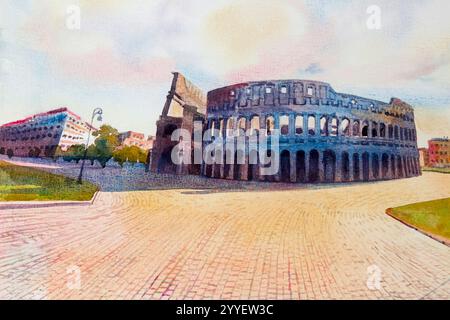 Pittura ad acquerello disegnata a mano - Colosseo a Roma, Italia, illustrazione artistica, sfondo cielo su carta, viaggio simbolo del mondo. Foto Stock