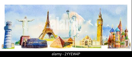 Viaggi nel mondo e attrazioni turistiche. Famosi monumenti del mondo raggruppati insieme. Acquerello dipinto a mano illustrazione su cielo, sfondo nuvola. Foto Stock