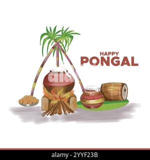 Happy Pongal, festival indiani Makar Sankranti, Lohri, Pongal e Bohag Bihu illustrazione vettoriale editabile post e banner sui social media Illustrazione Vettoriale