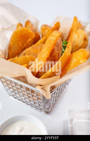 Vista di un cestino di patate aromatizzate. Foto Stock