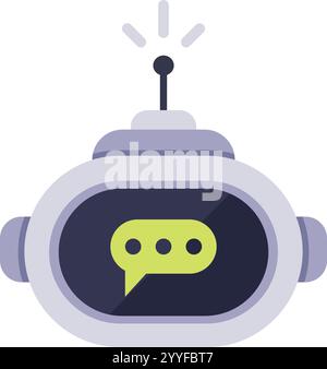Simpatico chatbot che invia messaggi, che rappresentano l'intelligenza artificiale e la tecnologia di comunicazione, presenta un fumetto vocale visualizzato sullo schermo per Illustrazione Vettoriale