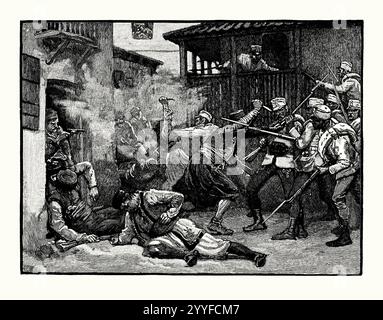 Una vecchia incisione delle forze austro-ungariche in feroci combattimenti contro i ribelli nelle strade di Sarajevo, capitale della Bosnia-Erzegovina nel 1878. È tratto da un libro di storia vittoriana del 1900 circa. Alla fine della guerra russo-turca l'Austria-Ungheria aveva la responsabilità di occupare e amministrare le province ottomane della Bosnia ed Erzegovina mentre rimaneva ancora sotto la sovranità dell'Impero ottomano. Ha visto combattimenti di strada contro i combattenti della resistenza locale supportati dall'Impero Ottomano. Foto Stock