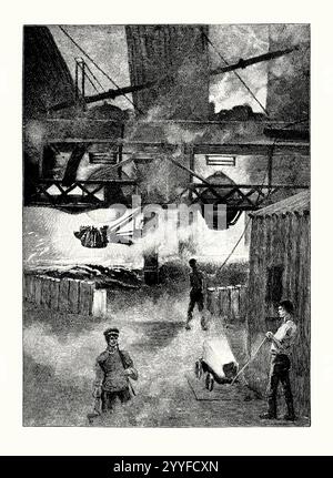 Un'antica incisione di uomini in condizioni di lavoro calde in una fonderia che produce acciaio utilizzando il processo Bessemer alla fine degli anni '1800 È tratto da un libro di storia vittoriana del 1900 circa. Il processo di Bessemer fu il primo processo industriale economico per la produzione di massa di acciaio dalla ghisa. La rimozione delle impurità dal ferro avviene mediante ossidazione con aria soffiata attraverso il ferro fuso. L'ossidazione aumenta anche la temperatura della massa di ferro e la mantiene fusa. Prende il nome dal suo inventore, l'inglese Henry Bessemer (1812-1898), che prese il suo brevetto nel 1856. Foto Stock