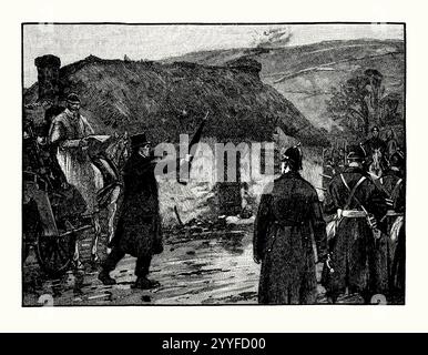 Una vecchia incisione della resa e dell’arresto in Irlanda di Patrick o’Donnell nel 1883. È tratto da un libro di storia vittoriana del 1900 circa. Patrick o'Donnell (Pádraig Ó Domhnaill, 1835–1883) è stato un repubblicano irlandese, giustiziato per l'omicidio di James Carey a bordo di una nave, la Melrose, al largo delle coste del Sudafrica. La testimonianza di Carey aveva portato alle esecuzioni di cinque uomini giudicati responsabili degli «omicidi di Phoenix Park» nel 1882. O'Donnell fu arrestato e trasportato a Londra per essere processato per omicidio alla Old Bailey e giustiziato per omicidio il 17 dicembre 1883 nella prigione di Newgate. Foto Stock