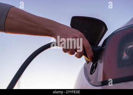 Primo piano di una mano che collega un caricabatterie per auto elettriche a un'auto, con la luce soffusa del crepuscolo sullo sfondo. Foto Stock