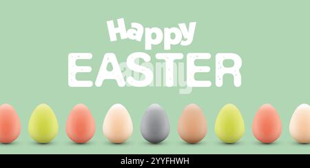 Modello di design della cartolina di Pasqua felice - testo, etichetta con righe di uova di Pasqua dipinte, colorate, motivo colorato - perfetto per poster, copertina, banner Web Illustrazione Vettoriale