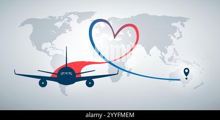 I Love Travel Concept, illustrazione vettoriale - Flying Airplane Leaves Blue and Red Vapor Trail, a Heart Shaped Trace Illustrazione Vettoriale