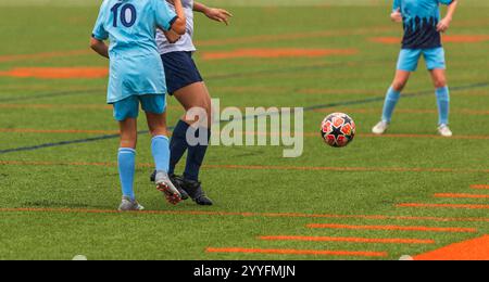 Primo piano sulle gambe delle giocatrici di calcio femminili. Pallone da calcio di un giovane giocatore di calcio. Le giocatrici di calcio femminili eseguono un gioco d'azione su una socc professionale Foto Stock